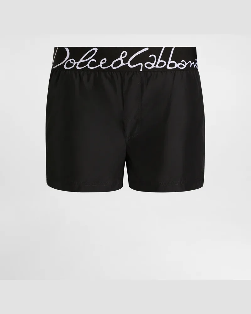 Dolce & Gabbana Boxer Da Mare Corto Logo - Uomo Beachwear Nero Tessuto Nero