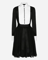 Dolce & Gabbana Abito Midi Chemisier In Chiffon Con Plastron E Polsini In Piquet - Donna Abiti Nero Seta Nero