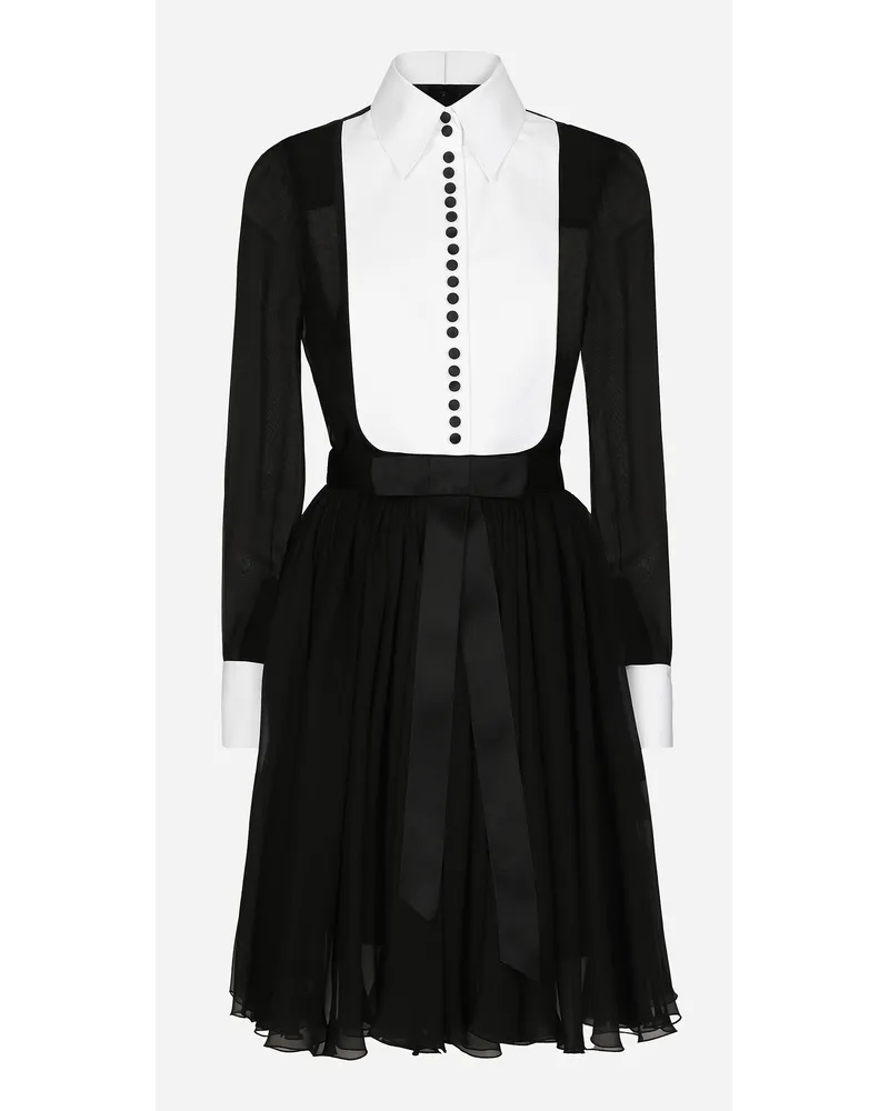 Dolce & Gabbana Abito Midi Chemisier In Chiffon Con Plastron E Polsini In Piquet - Donna Abiti Nero Seta Nero