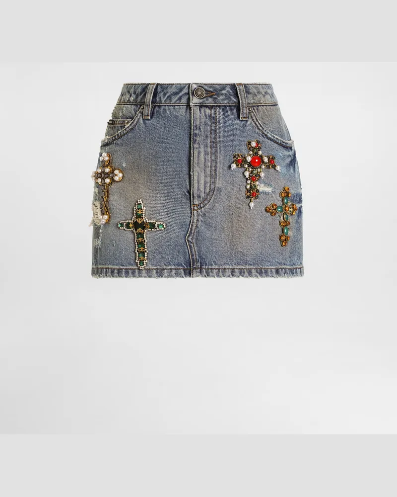 Dolce & Gabbana Minigonna In Denim Con Ricami - Donna Denim Multicolore Variante