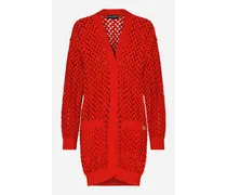Cardigan Lungo In Crochet - Donna Maglieria Rosso Cotone