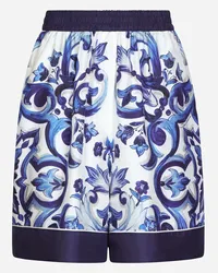 Dolce & Gabbana Shorts Pigiama In Twill Stampa Maiolica - Donna Pantaloni E Shorts Blu Seta Tris