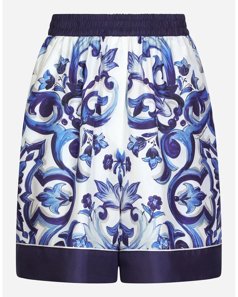 Dolce & Gabbana Shorts Pigiama In Twill Stampa Maiolica - Donna Pantaloni E Shorts Blu Seta Tris