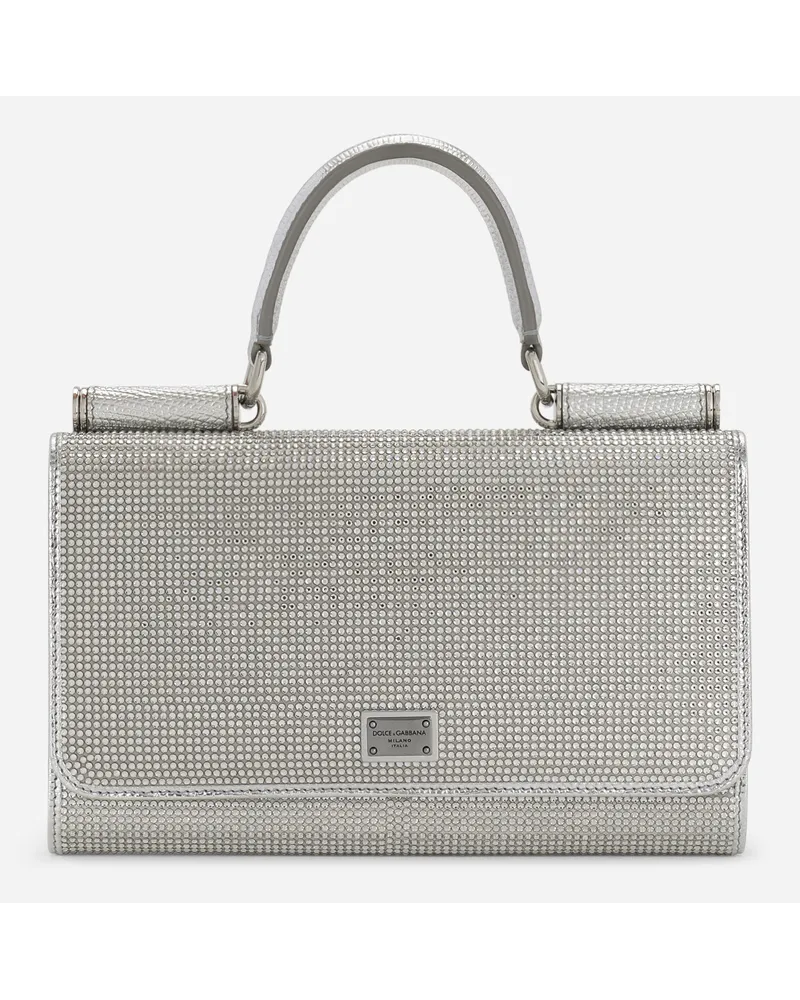 Dolce & Gabbana Phone Bag In Raso E Termostrass - Donna Borse Mini Micro E Pochette Argento Viscosa Crystal