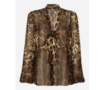 Camicia In Chiffon Stampa Leopardo Con Sciarpina - Donna Camicie E Top Stampa Animalier Seta