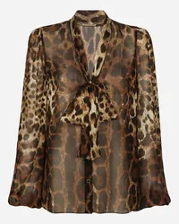 Dolce & Gabbana Camicia In Chiffon Stampa Leopardo Con Sciarpina - Donna Camicie E Top Stampa Animalier Seta Leo