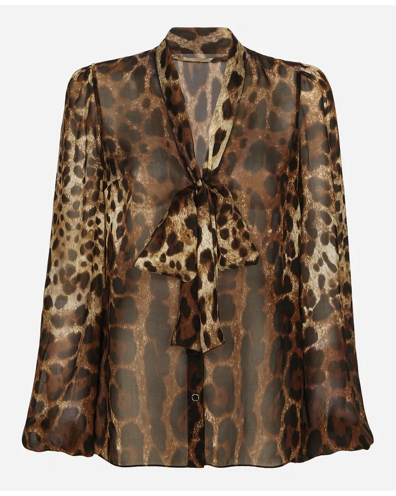 Dolce & Gabbana Camicia In Chiffon Stampa Leopardo Con Sciarpina - Donna Camicie E Top Stampa Animalier Seta Leo