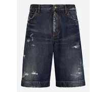 Bermuda Jeans Denim Blu Con Abrasioni - Uomo Denim Multicolore
