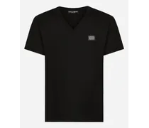 T-shirt Scollo A V Cotone Con Placca Logata - Uomo T-shirts E Polo Nero Cotone