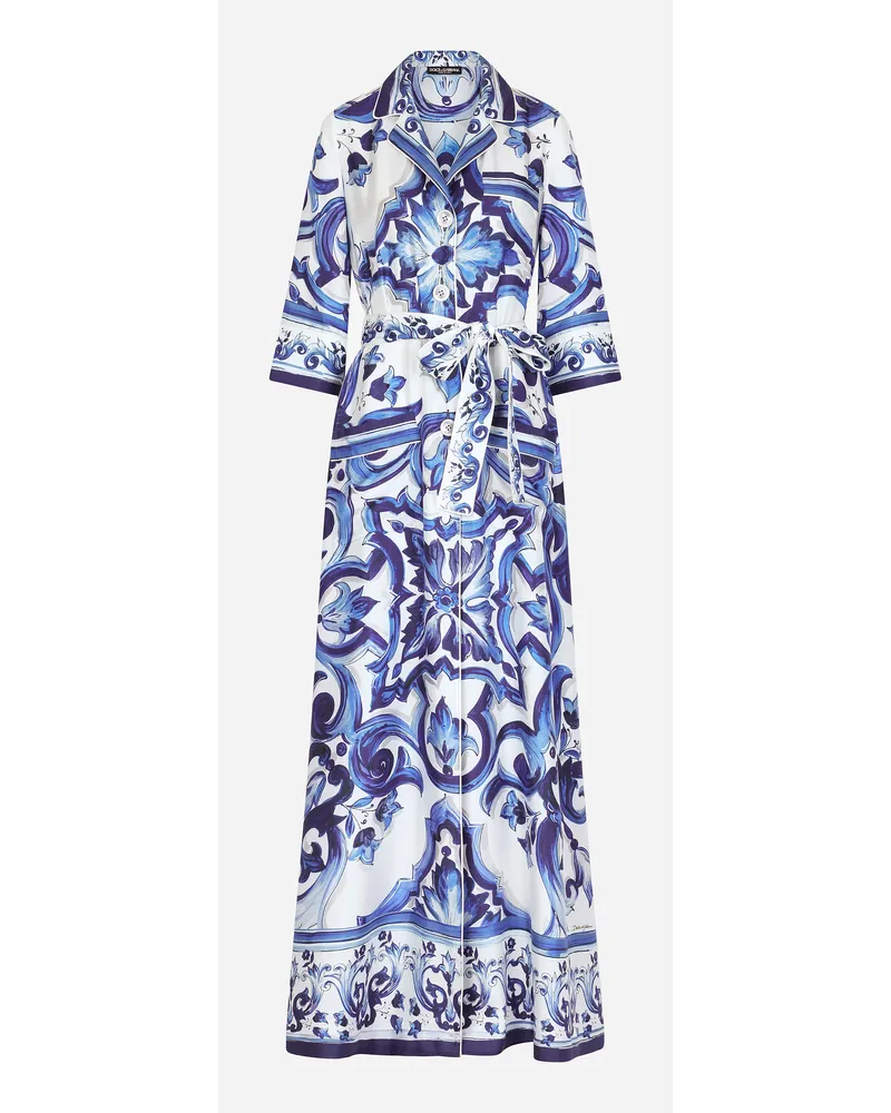 Dolce & Gabbana Chemisier Lungo In Twill Stampa Maiolica - Donna Cappotti E Giubbotti Blu Seta Tris