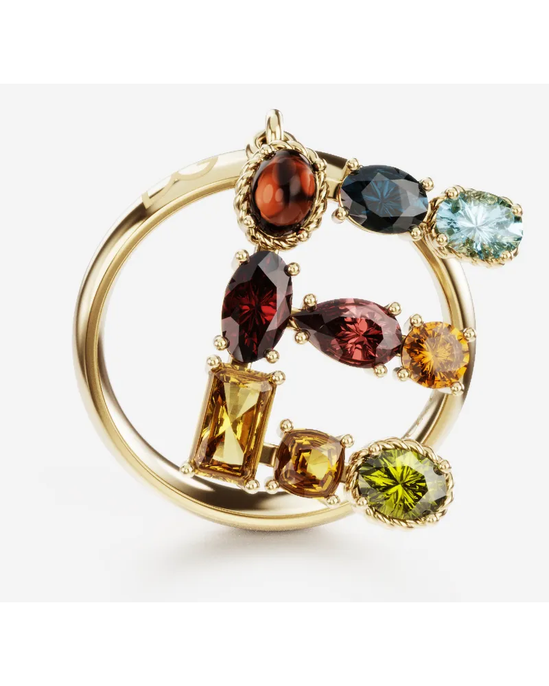 Dolce & Gabbana Rainbow Alphabet E Ring In Yellow Gold With Multicolor Fine Gems - Donna Anelli Oro Oro