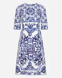 Dolce & Gabbana Abito Midi In Charmeuse Stampa Maiolica - Donna Abiti Blu Seta Tris