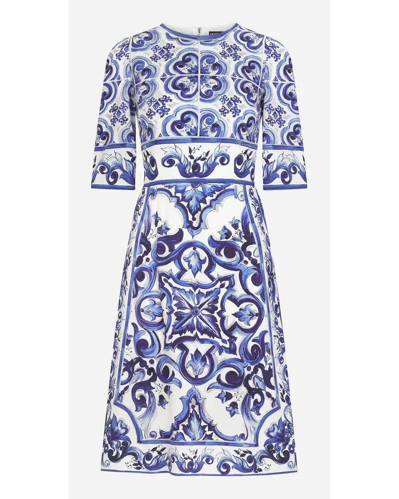 Dolce & Gabbana Abito Midi In Charmeuse Stampa Maiolica - Donna Abiti Blu Seta Tris