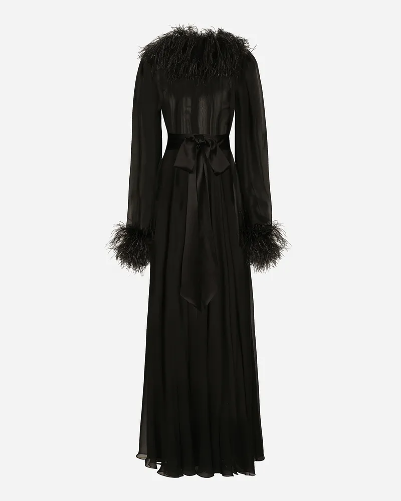Dolce & Gabbana Abito Lungo In Chiffon Di Seta Con Dettagli In Piume Di Struzzo - Donna Abiti Nero Seta Nero