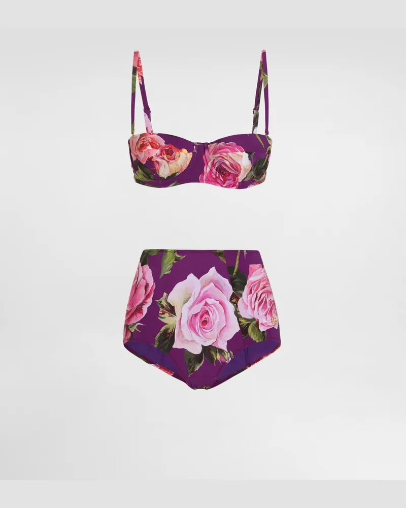 Dolce & Gabbana Bikini Balconcino E Culotte Stampa Rose - Donna Beachwear Stampa Stampa