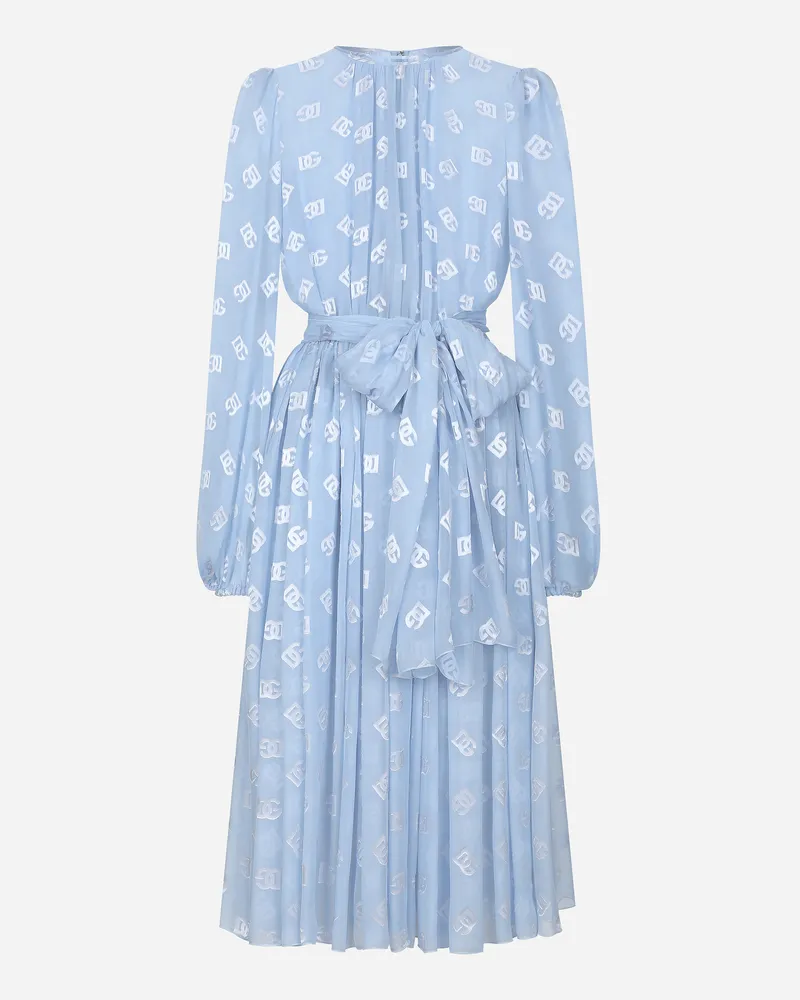Dolce & Gabbana Abito Longuette In Seta Jacquard Devorè Logo Dg - Donna Abiti Azzurro Azzurro