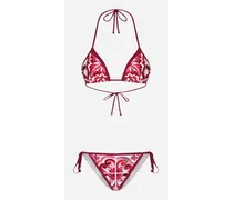 Majolica Print Triangle Bikini - Donna Beachwear Fucsia Tessuto
