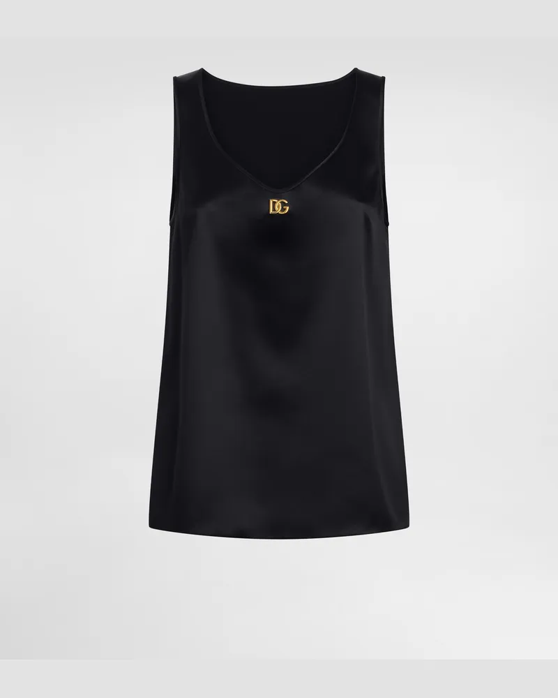 Dolce & Gabbana Top Canotta In Raso Con Logo Dg Pin - Donna Camicie E Top Nero Seta Nero