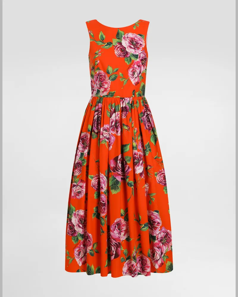 Dolce & Gabbana Abito Longuette A Bambola In Cotone Stampa Rose - Donna Abiti Stampa Stampa