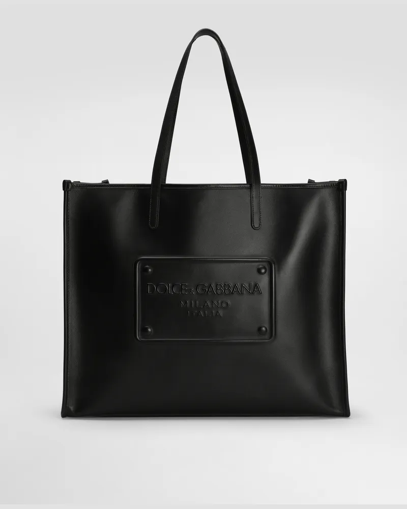 Dolce & Gabbana Shopping In Pelle Di Vitello Con Logo In Rilievo - Uomo Borse Shopping Nero Pelle Nero