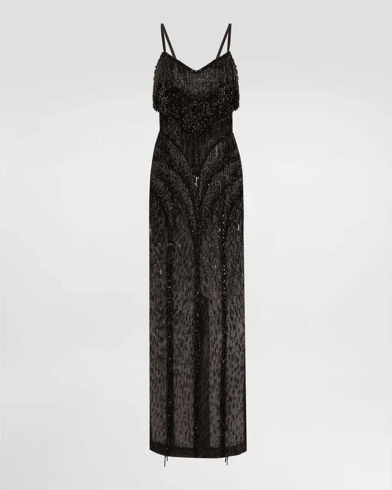 Dolce & Gabbana Abito Lungo In Marquisette Con Ricamo Frange In Paillettes - Donna Abiti Nero Nero