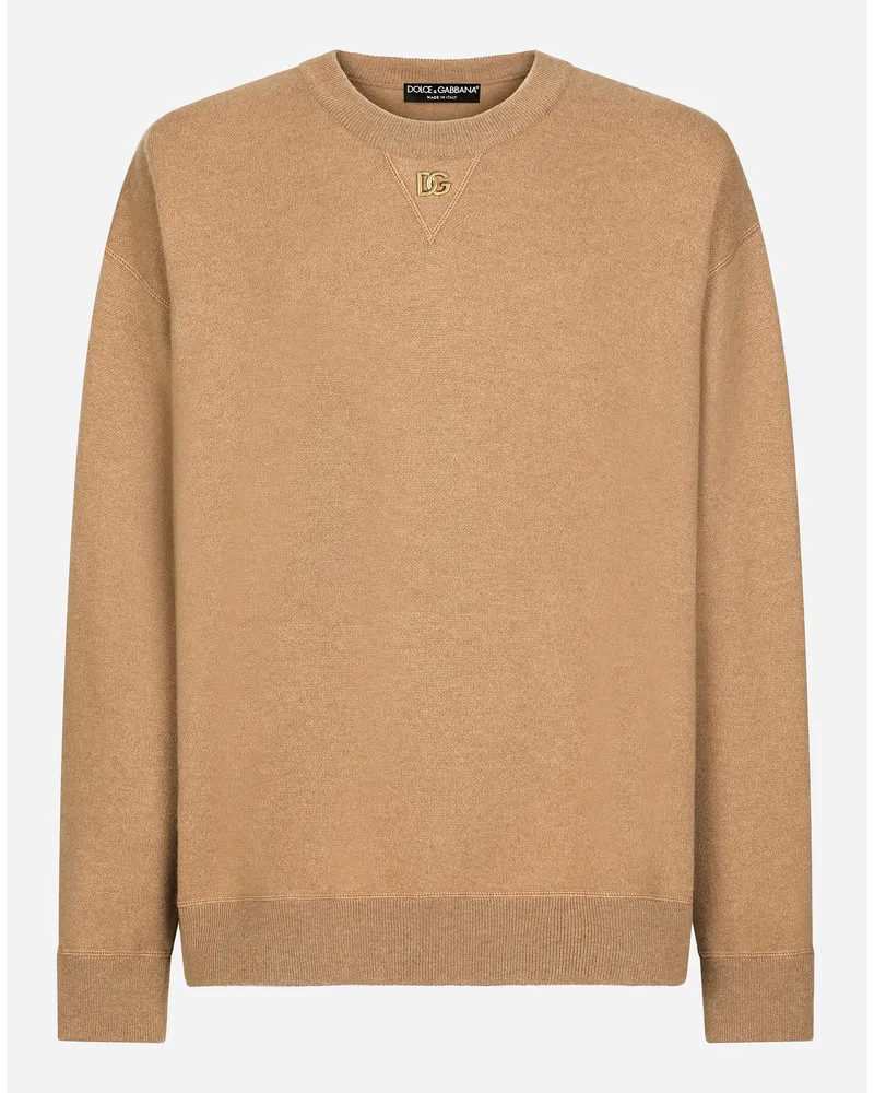 Dolce & Gabbana Maglia Girocollo In Cashmere Con Logo Dg - Uomo Maglieria Beige Noce