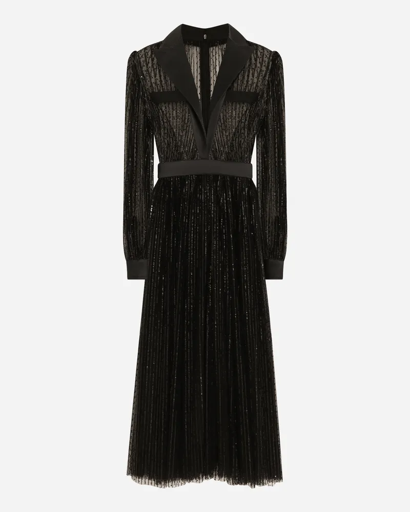 Dolce & Gabbana Abito Longuette Chemisier Tuxedo In Tulle Ricamato Paillettes - Donna Abiti Nero Nero