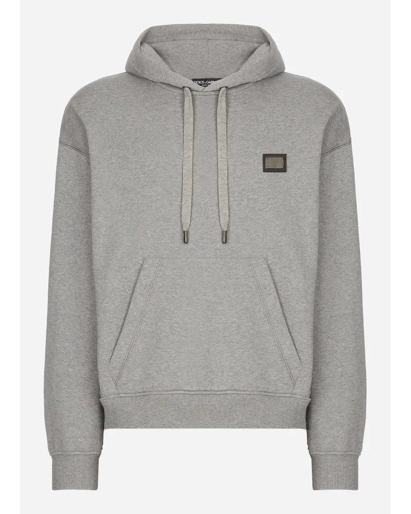 Dolce & Gabbana Felpa Jersey Con Cappuccio E Placca Logata - Uomo Felpe Grigio Cotone Melange