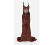Long Cherry-print Chiffon Dress With Train - Donna Abiti Multicolore Seta