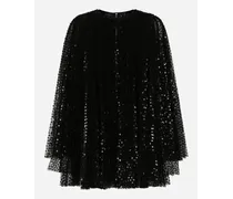 Short Pleated Dress With Full Sequined Sleeves - Donna Abiti Nero Tulle