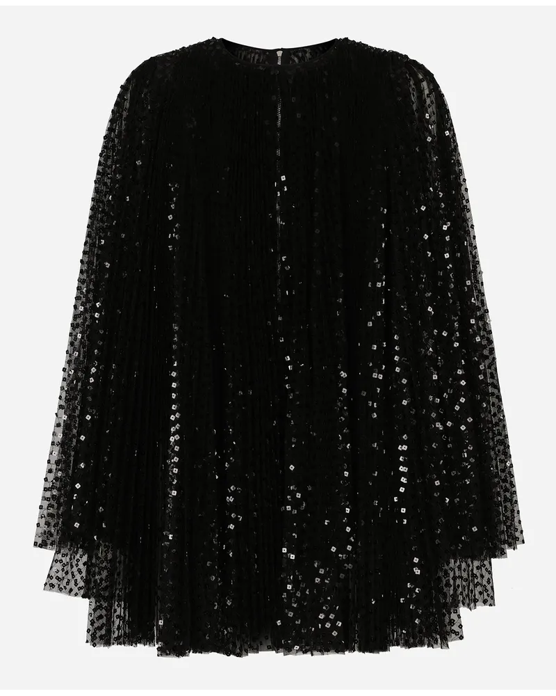 Dolce & Gabbana Short Pleated Dress With Full Sequined Sleeves - Donna Abiti Nero Tulle Nero