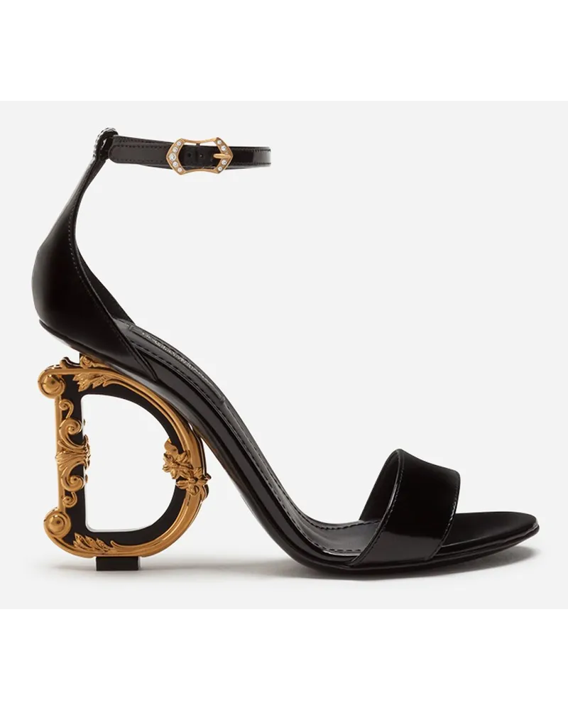 Dolce & Gabbana Polished Calfskin Sandals With Dg Baroque Heel - Donna Sandali E Zeppe Nero Pelle Nero