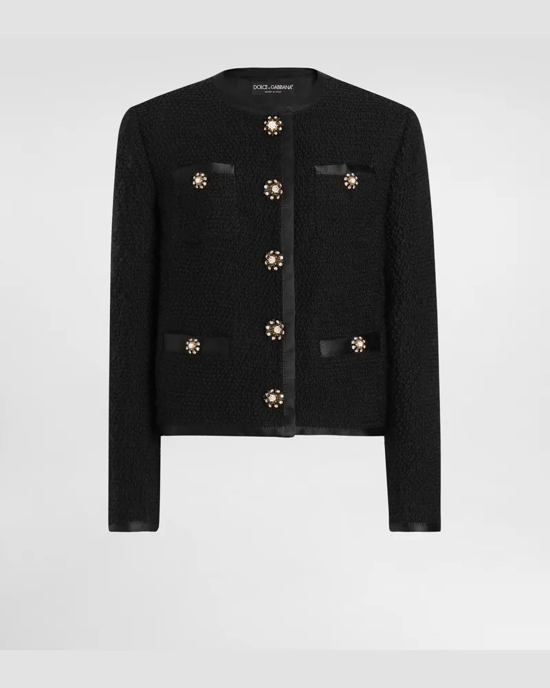 Dolce & Gabbana Giacca Corta Monopetto In Tweed Bouclé Con Bottoni Gioiello - Donna Giacche E Blazer Nero Nero