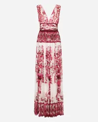 Dolce & Gabbana Abito Lungo In Chiffon Stampa Maiolica - Donna Abiti Fucsia Seta Tris