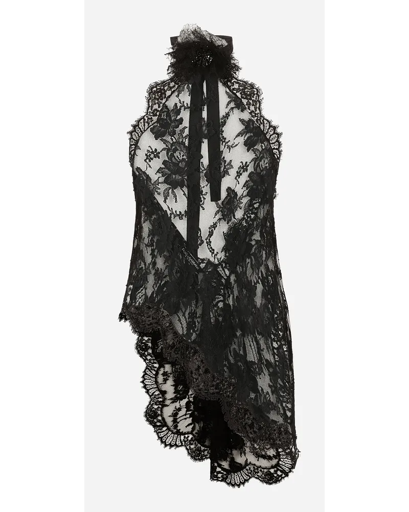 Dolce & Gabbana Top Asimmetrico In Pizzo Con Dettaglio Fiore Al Collo - Donna Camicie E Top Nero Nero