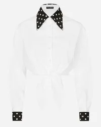 Dolce & Gabbana Camicia Cropped Con Nodo In Vita In Cotone Stampa Pois - Donna Camicie E Top Bianco Bianco