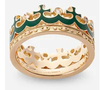 Crown Yellow Gold Ring With Green Enamel Crown And Diamonds - Uomo Anelli Oro