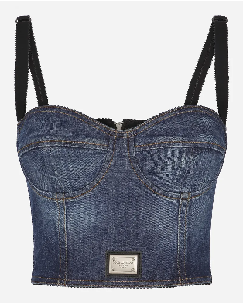 Dolce & Gabbana Top Bustier In Denim Con Placca Logata - Donna Denim Multicolore Variante