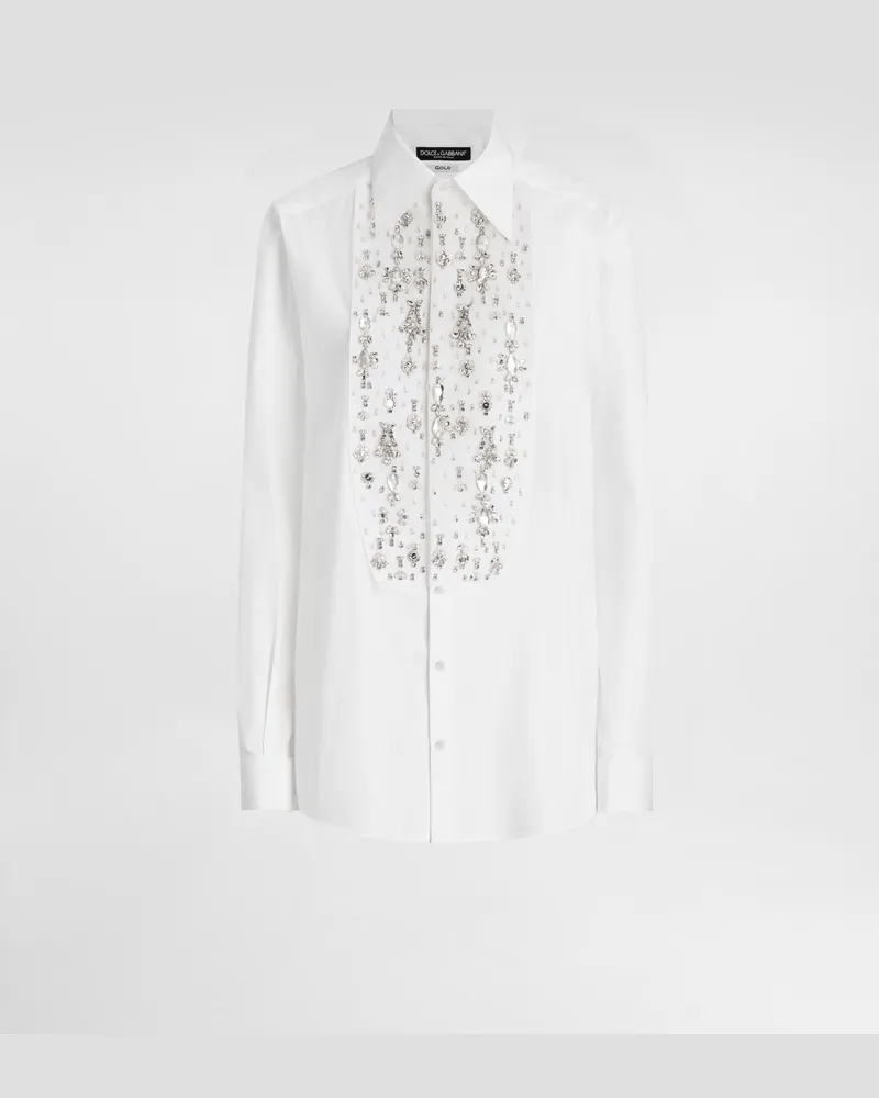 Dolce & Gabbana Camicia Tuxedo In Cotone Con Plastron Ricamato In Strass - Donna Camicie E Top Bianco Cotone Bianco