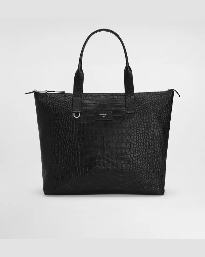 Dolce & Gabbana Shopping Bag Media In Pelle Di Vitello Stampa Cocco - Uomo Borse Shopping Nero Nero
