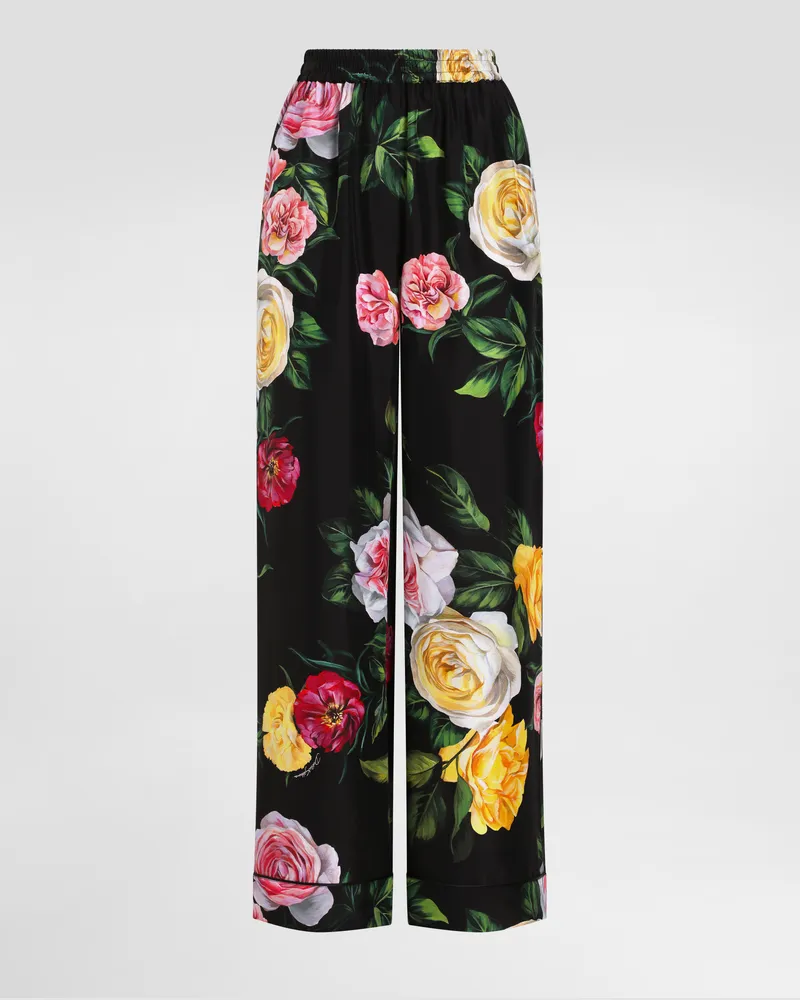 Dolce & Gabbana Pantaloni Pigiama In Seta Habotai Stampa Peonie E Rose - Donna Pantaloni E Shorts Stampa Stampa