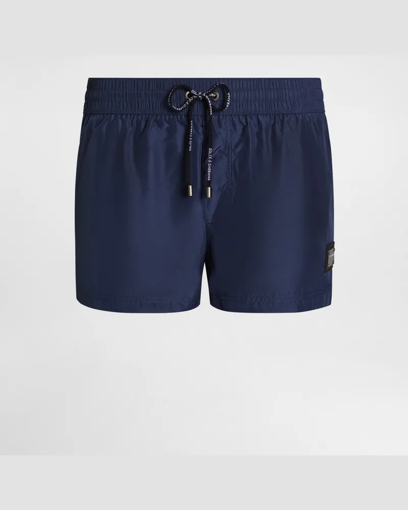 Dolce & Gabbana Boxer Da Mare Corto Con Placca Logata - Uomo Beachwear Blu Blu