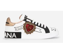 Dolce & Gabbana Sneakers Portofino In Vitello Nappato Stampato Con Ricamo - Donna Sneaker Bianco Pelle Scritte