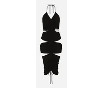 Jersey Calf-length Dress With Draping - Donna Abiti Nero Viscosa