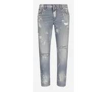 Jeans Slim In Denim Stretch Bleached Lavato - Uomo Denim Multicolore Tessuto