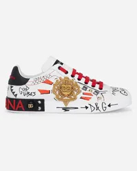 Dolce & Gabbana Calfskin Portofino Sneakers With Embroidery And Studs - Uomo Sneaker Bianco Scritte