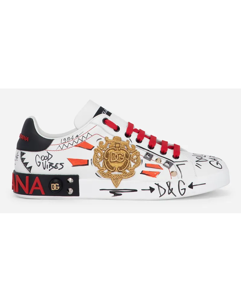 Dolce & Gabbana Calfskin Portofino Sneakers With Embroidery And Studs - Uomo Sneaker Bianco Scritte