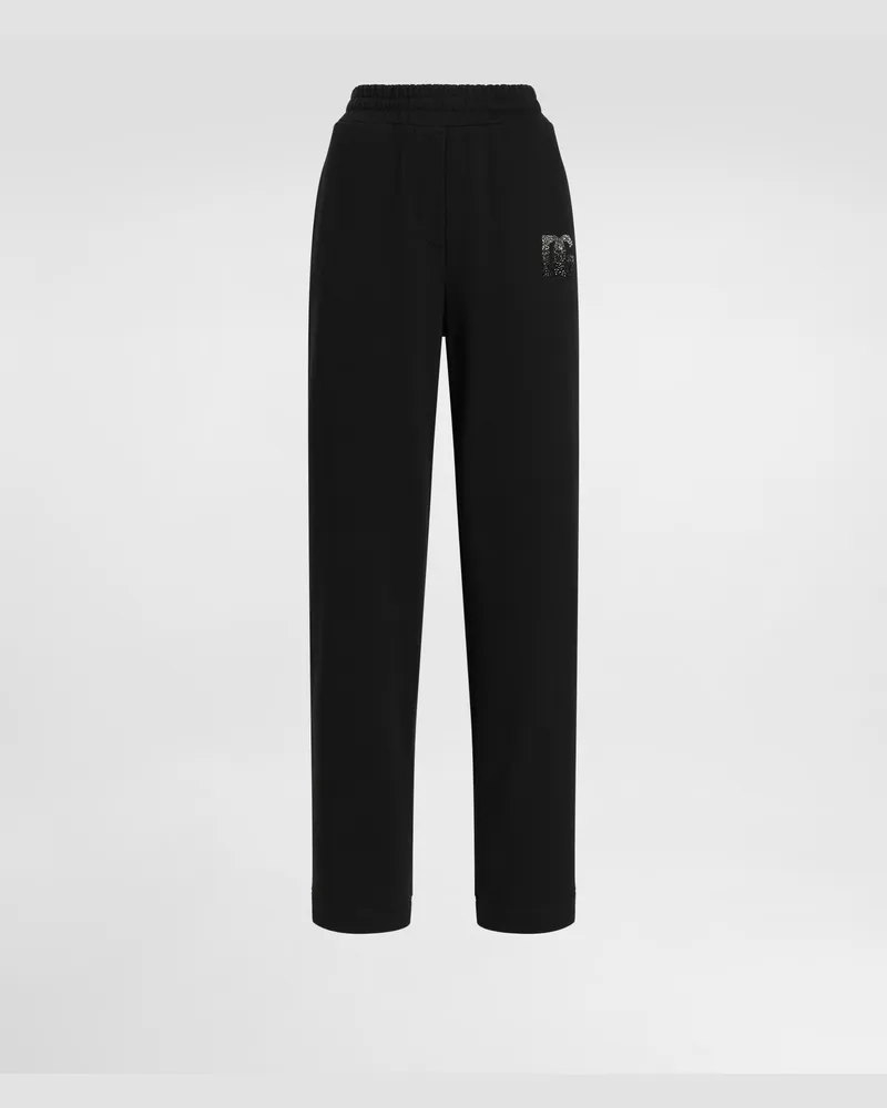 Dolce & Gabbana Pantaloni Jogging In Jersey Con Ricamo Logo Dg In Strass - Donna Pantaloni E Shorts Nero Nero