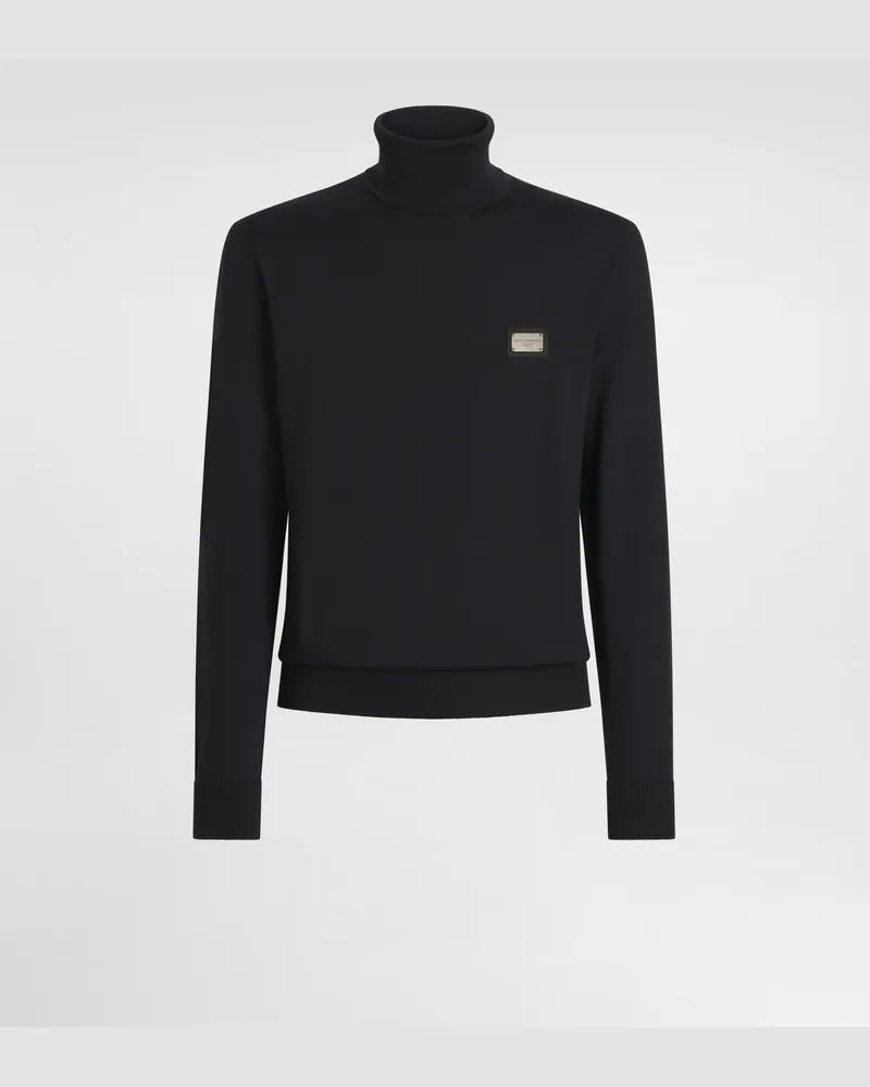 Dolce & Gabbana Maglia Collo Alto Lana Con Placca Logata - Uomo Maglieria Blu Lana Blu