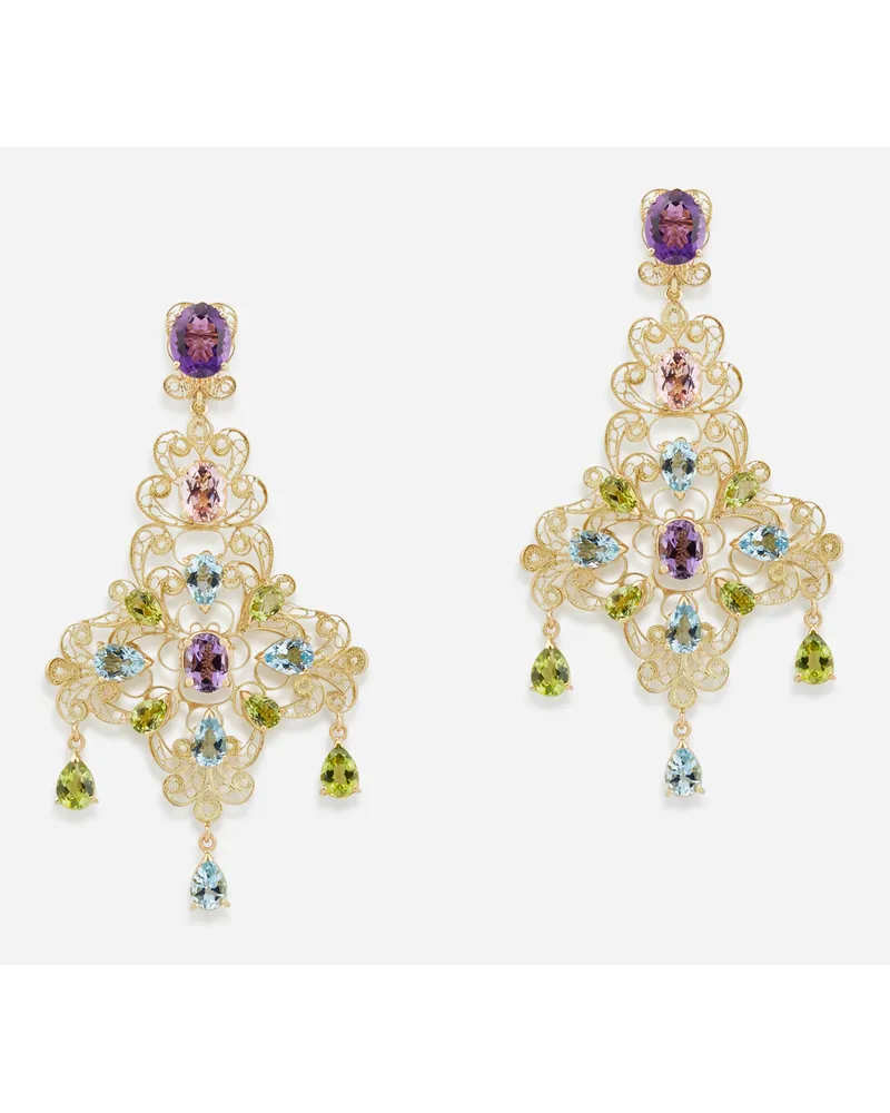 Dolce & Gabbana Pizzo Earrings In Yellow Gold Filigree With Amethysts, Aquamarines, Peridots And Morganites  - Donna Orecchini Oro Oro